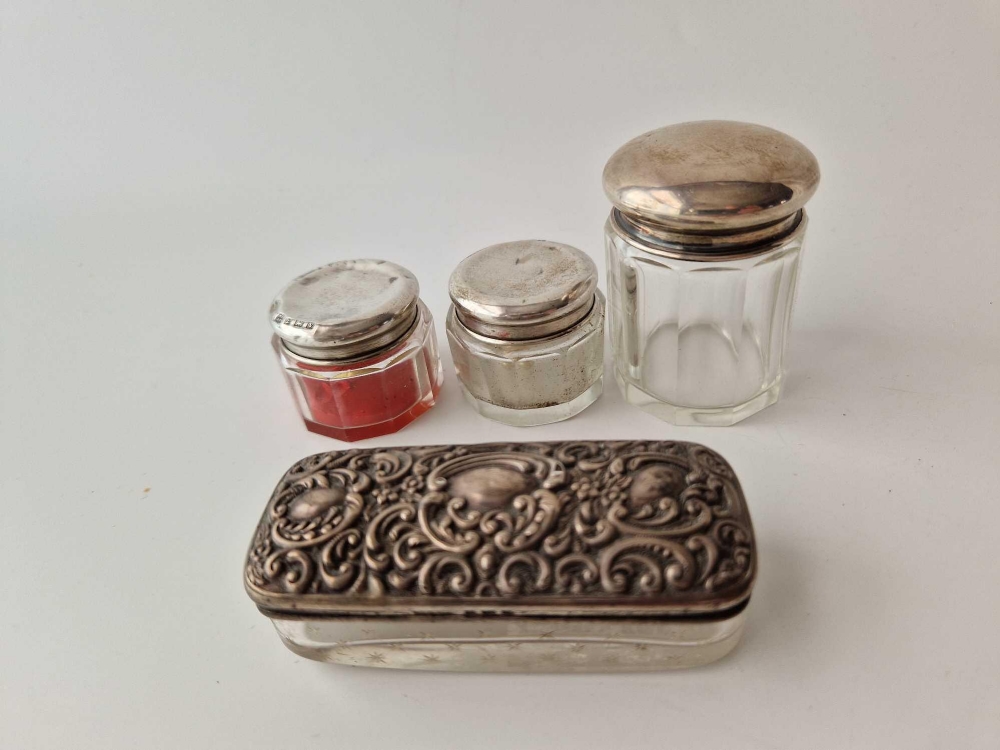 Four various silver top jars with glass bodies, 1 Birmingham 1903 - Image 2 of 2