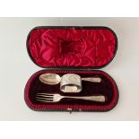 A Victorian three piece Christening set in good fitted box, Sheffield 1895 by HA, 58g