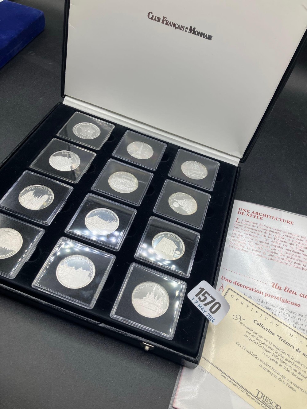 Cased set of 12 French silver proof chucrch medals with COA