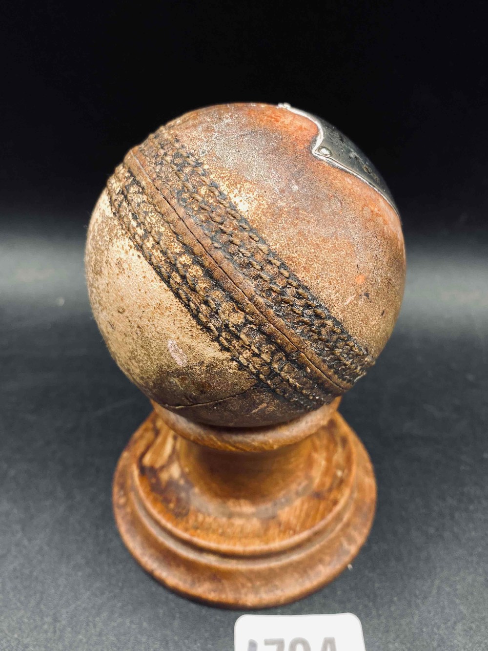 Silver mounted cricket ball with plaque on turned wood stand - Image 2 of 3