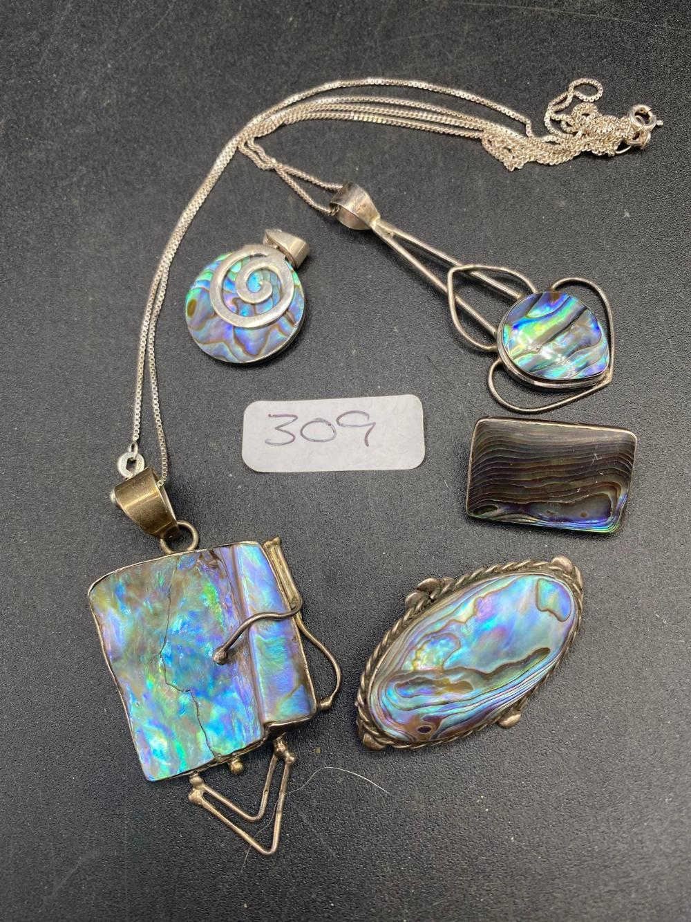 A Abalone silver pendants and brooches and art nouveau silver pendant 40 gms