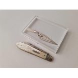 An attractive fruit knife with M.O.P body, Sheffield 1911 and a trowel shaped bookmark with import