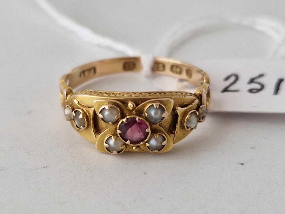 A VICTORIAN RUBY AND PEARL RING 15CT GOLD BIRMINGHAM 1899 SIZE O 2 GMS