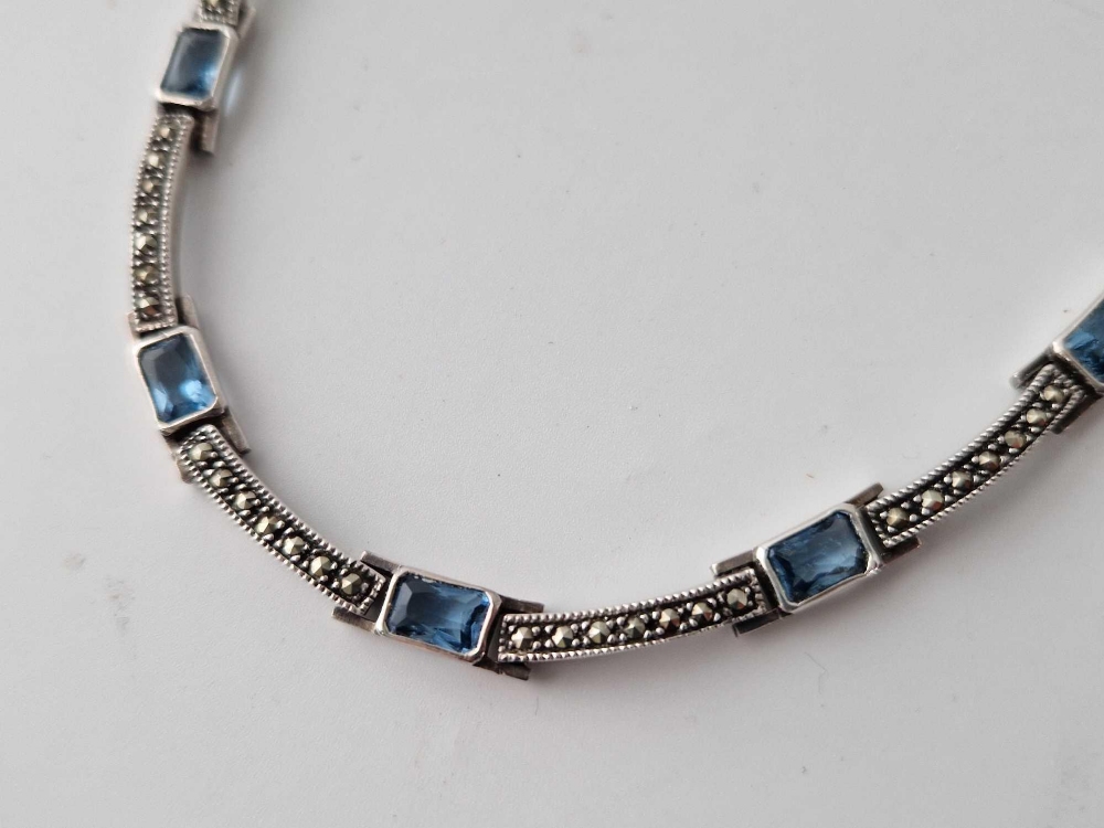 Art Deco blue stone & marcasite heavy silver necklace 31g - Image 2 of 2