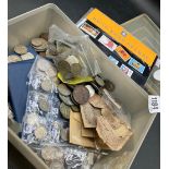 Tub of coins and world stamps