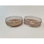 Pair of wine coasters with wire work sides and wood bases. Sheffield 1806 By H I?