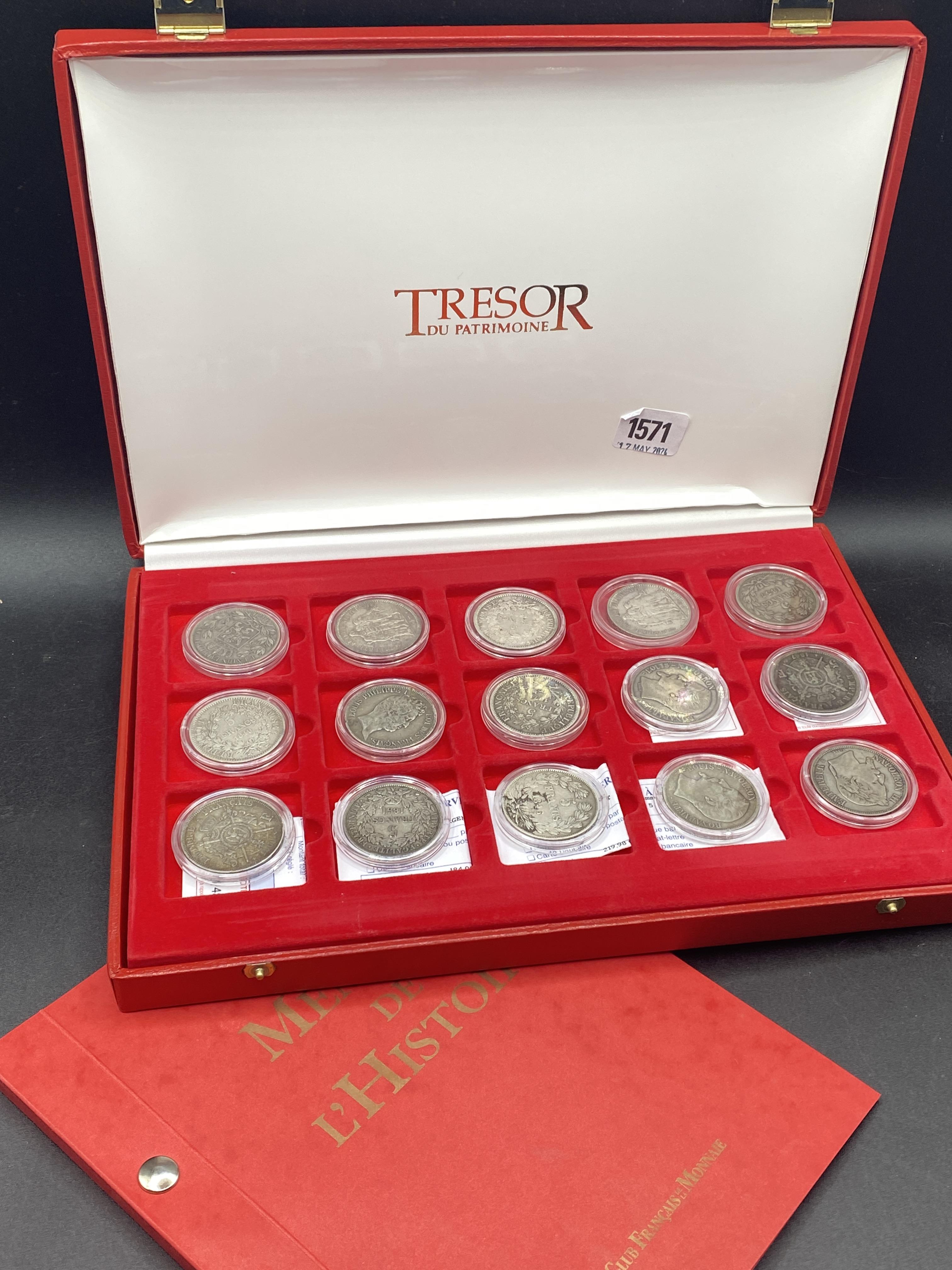 Cased set of 15 French silver 5 francs with COA