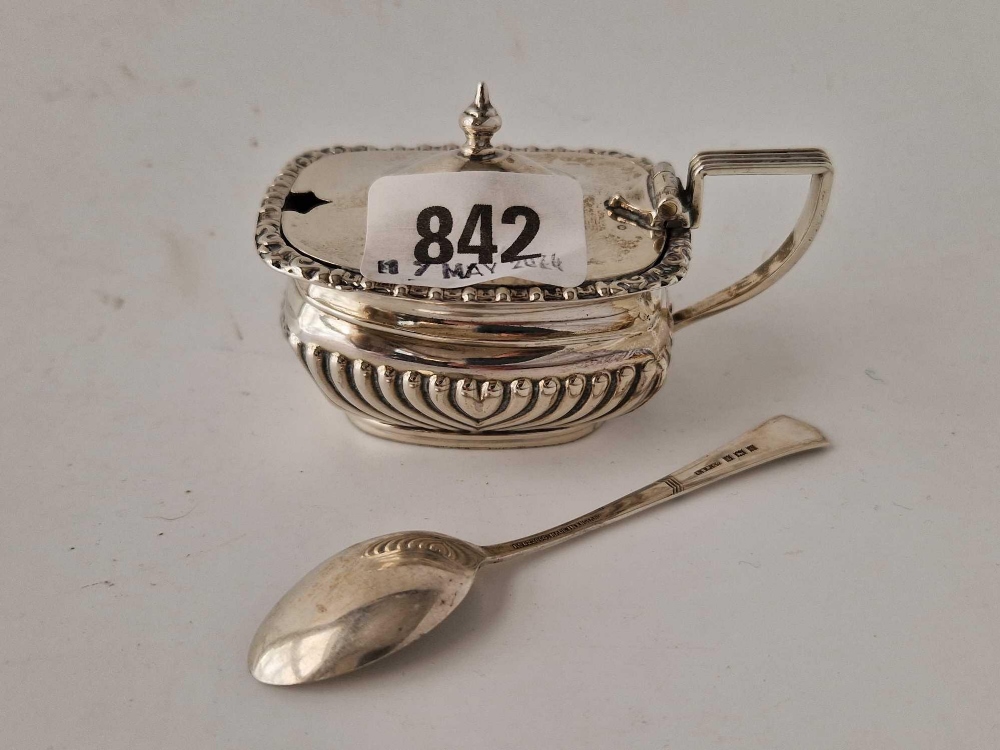Oblong mustard pot half fluted and a tea spoon. Birmingham 1910. 60gm excl BGL chipped - Image 2 of 2