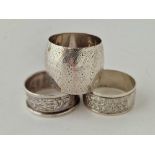 Group of three engraved, fancy napkin rings, London 1885 etc. 55gm