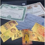 Four Gold Banknotes, shre certificates etc