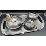 Liberty & Co Tudric Pewter tea set on tray 18 in long