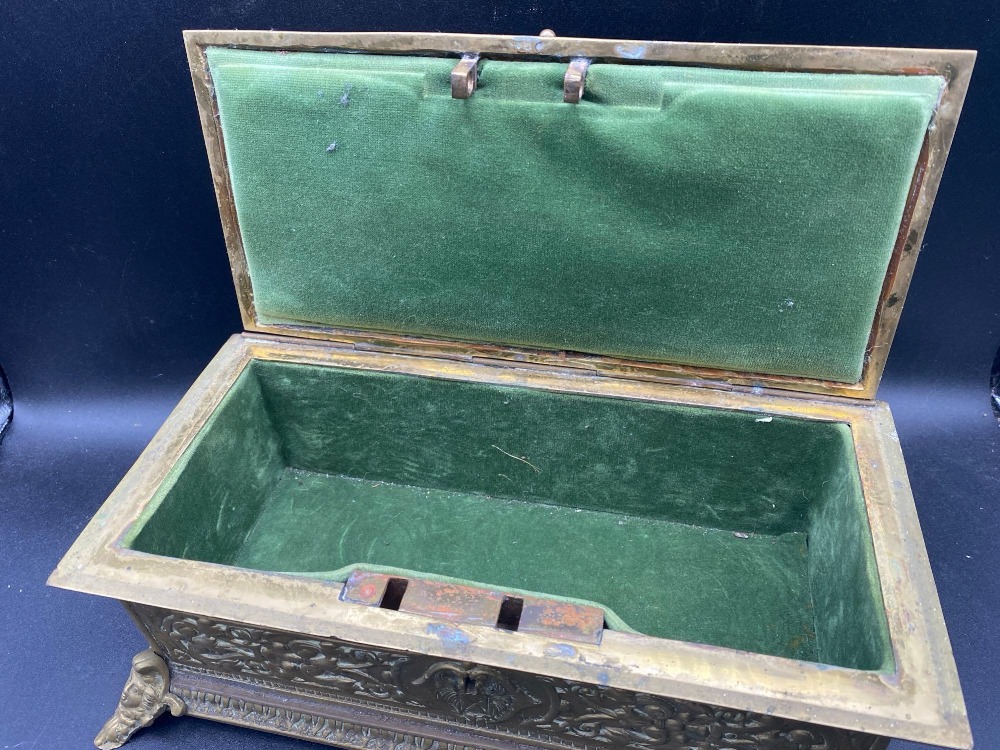 Heavy Victorian brass casket with chased decoration. 14 in long - Image 2 of 2