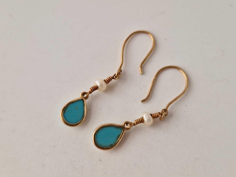 A pair turquoise and pearl earrings 14ct gold 1.4 gms - Image 2 of 2