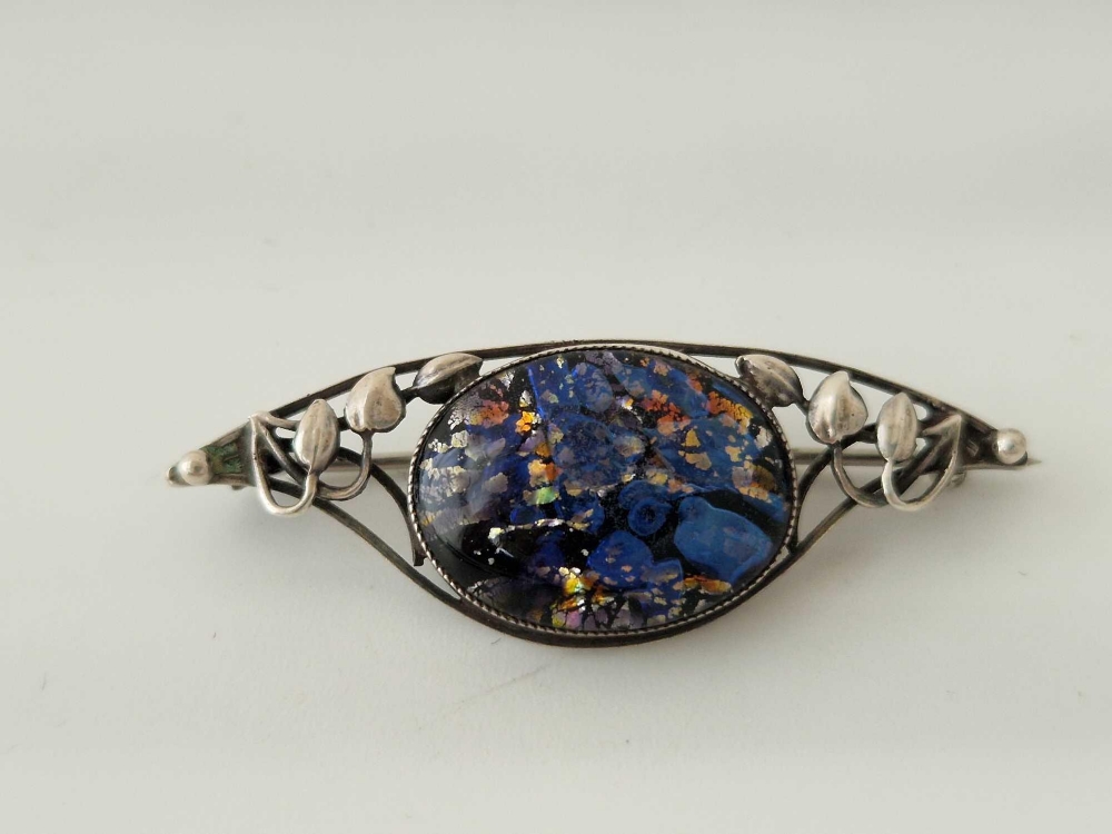 A art nouveau silver and harlequin foiled glass pendant and brooch by Thomas L Mott - Image 2 of 5