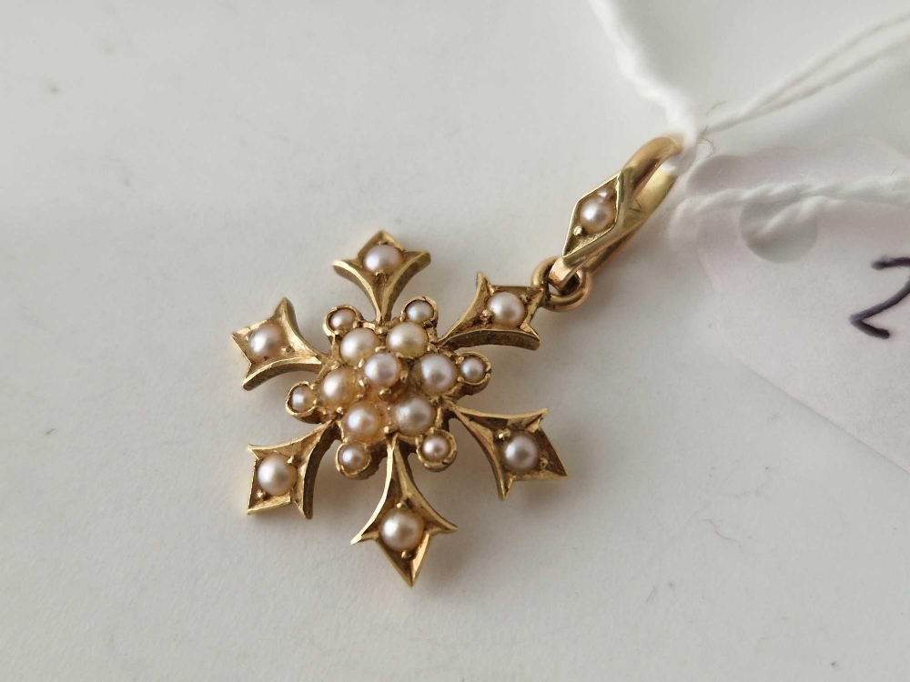 A Edwardian half pearl snowflake design pendant drop 15ct gold - Image 2 of 3