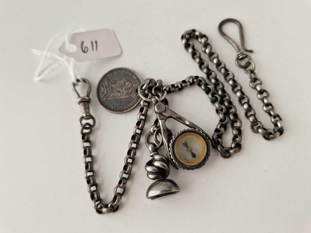 A white metal chain with fob seal compass and coin 13 inch