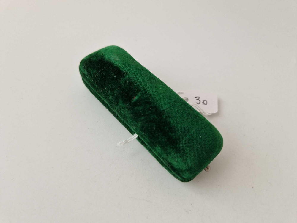 A antique green velvet stick pin box signed Fred Land Wakefield