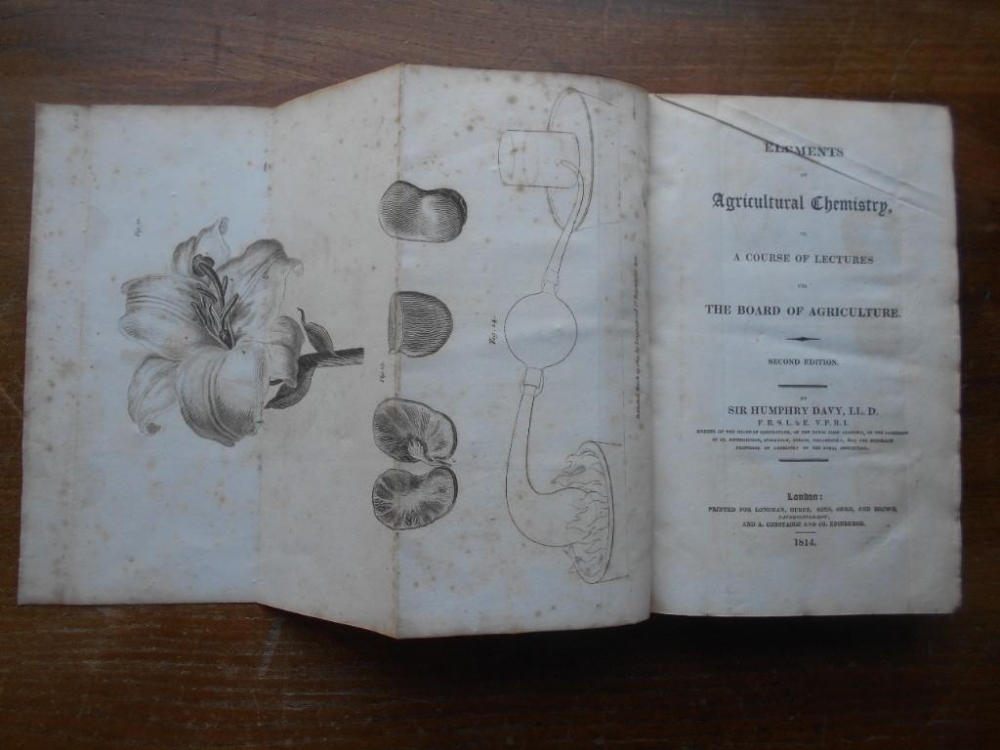 DAVY, Sir H. Elements of Agricultural Chemistry 2nd. ed. 1814, London, 8vo cont. fl. cf. 10 fldng.