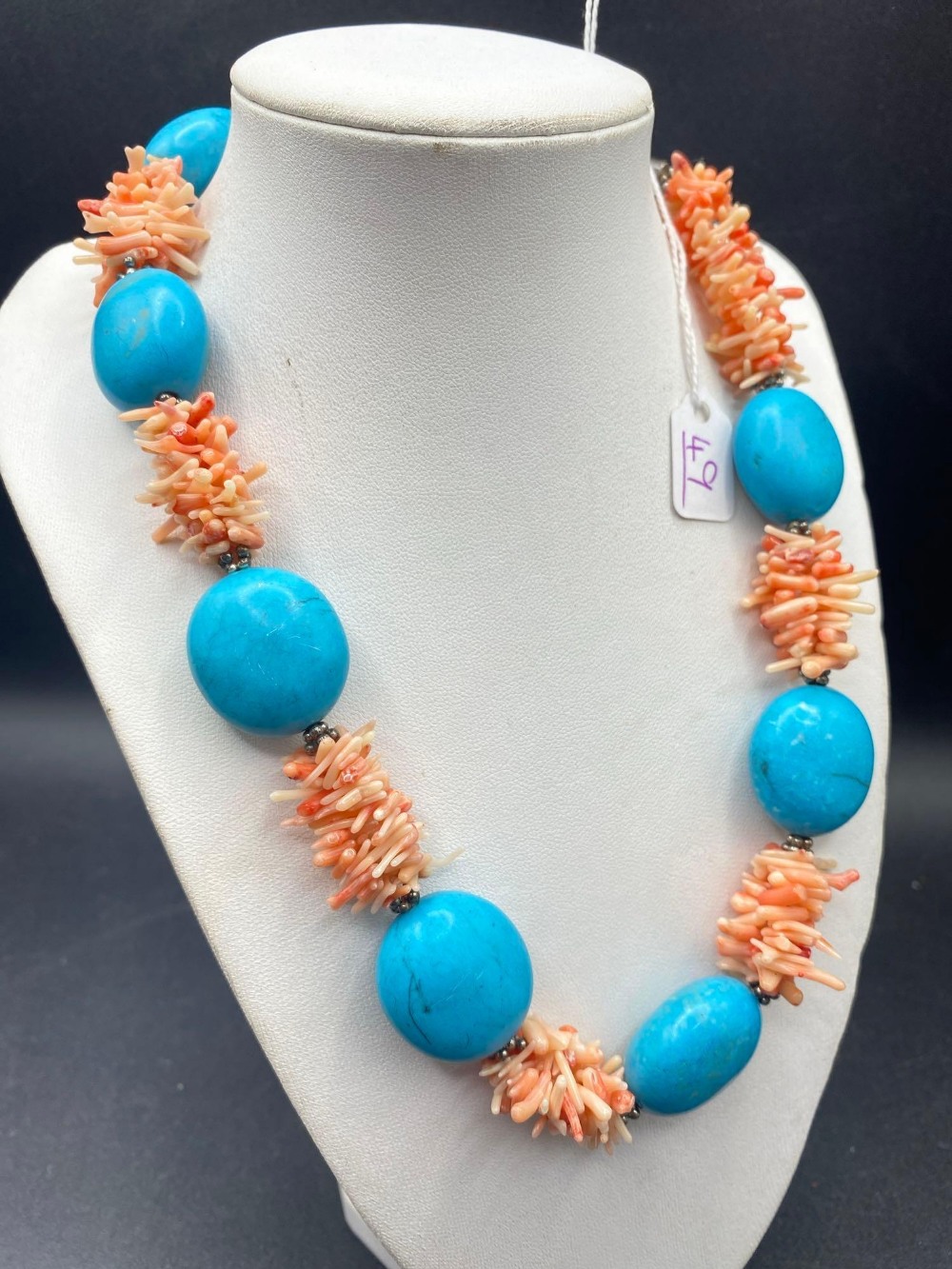 A Very Fine unusual oversized turquoise bead necklace with coral twig spacers 17 inch 130 gms