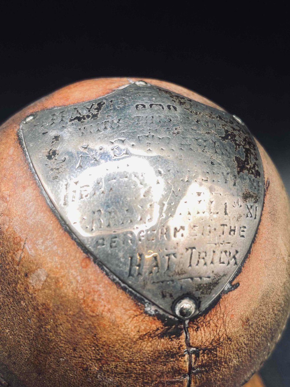 Silver mounted cricket ball with plaque on turned wood stand - Image 3 of 3