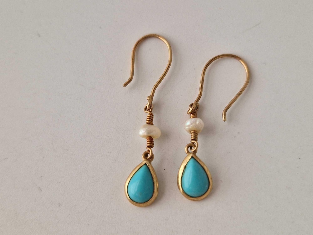 A pair turquoise and pearl earrings 14ct gold 1.4 gms