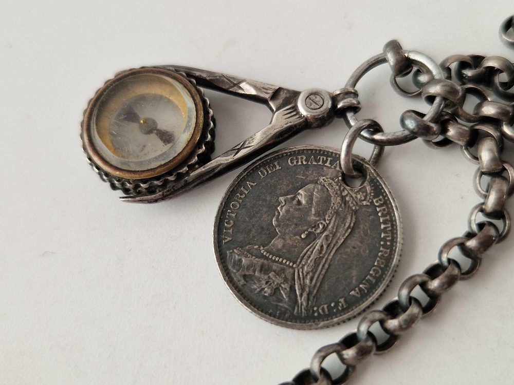 A white metal chain with fob seal compass and coin 13 inch - Image 3 of 3