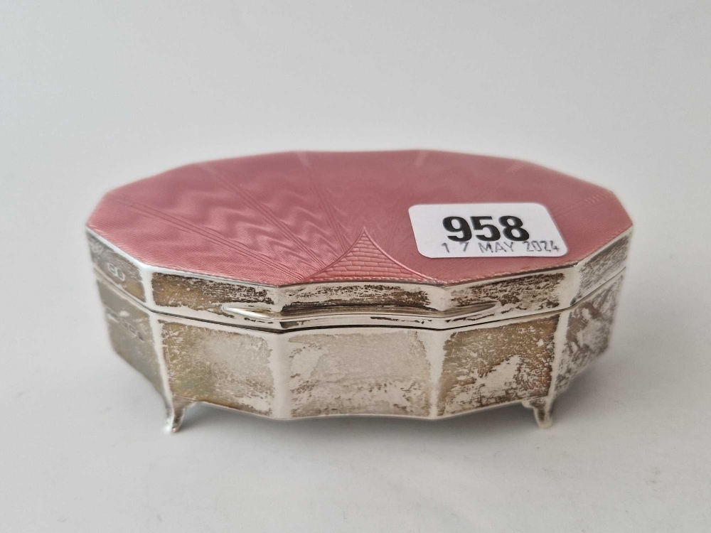 A pink enamel top jewellery box on bracket feet, 5 inches long, Birmingham 1937