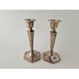 A pair of hexagonal candlesticks with tapering stems, 6.5 inches high, Sheffield hallmarks