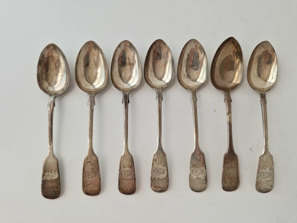 A set of six Exeter Victorian fiddle pattern teaspoons and one other by JS, 1873, 110 g