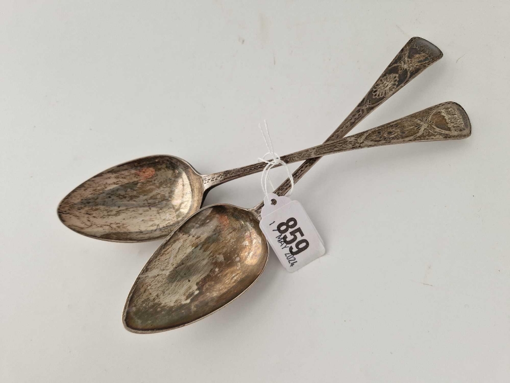 A pair of George III bright cut table spoons, Exeter 1800 by R Ferris, 110g