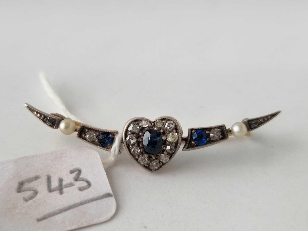A antique sapphire diamond and pearl brooch with heart motif set in gold 2.2 gms