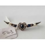 A antique sapphire diamond and pearl brooch with heart motif set in gold 2.2 gms