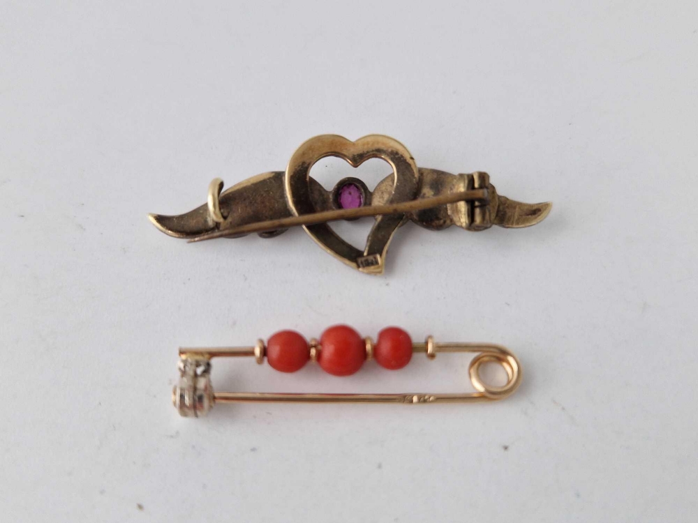 A 15ct gold coral bar brooch and 15ct gold ruby and seed pearl bar brooch - Image 2 of 2