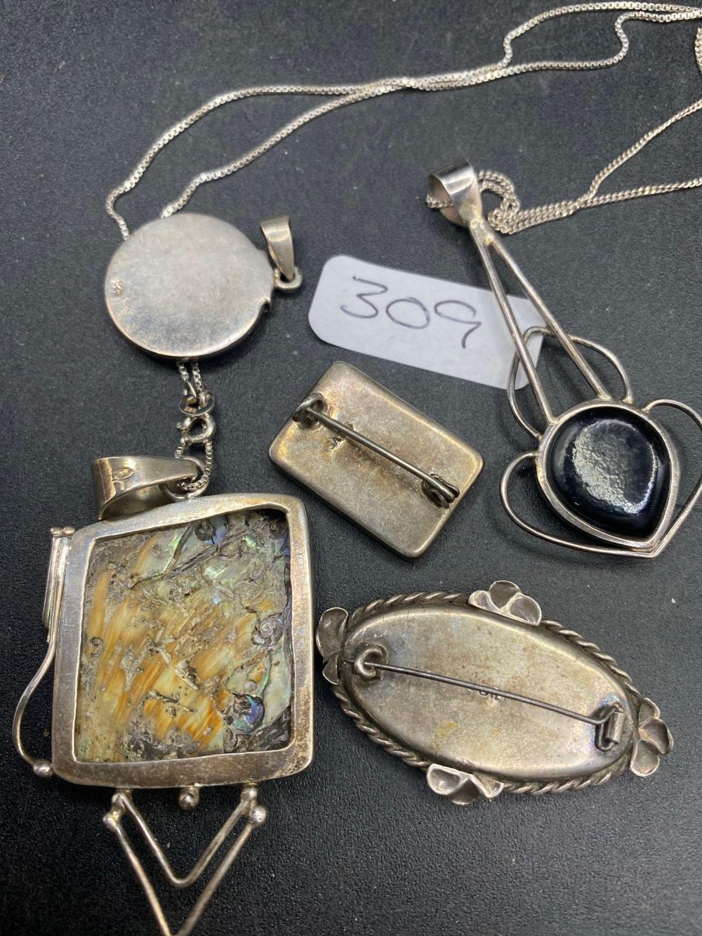 A Abalone silver pendants and brooches and art nouveau silver pendant 40 gms - Image 2 of 2