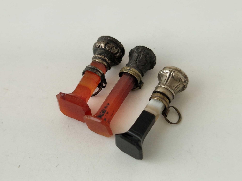 Three Victorian silver and agate desk seals with flower intaglios AF