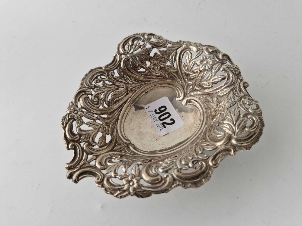 A good late Victorian heart shaped sweet dish, embossed sides, 5.5 inches wide, Birmingham 1895 by