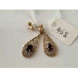 A pair of vintage drop earrings set with garnets 9ct 1.6 gms