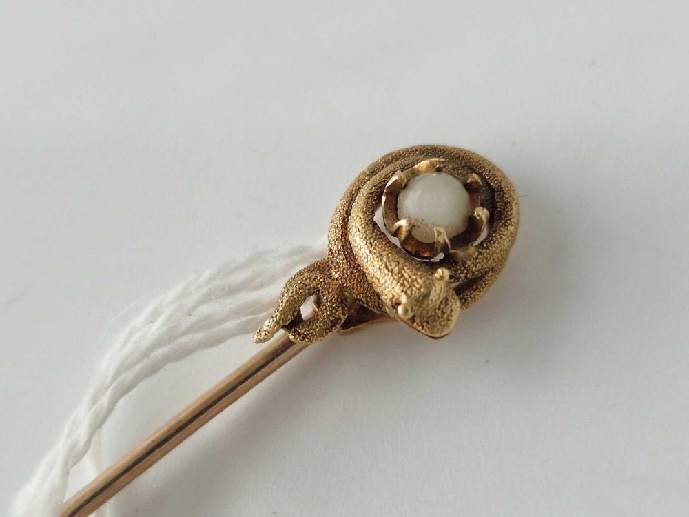 A Victorian gold stick pin with coiled snake around a pearl 3 gms