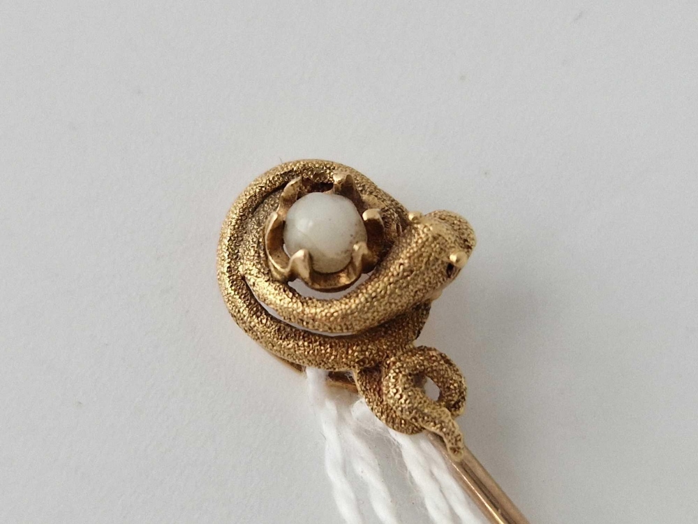 A Victorian gold stick pin with coiled snake around a pearl 3 gms - Image 2 of 3