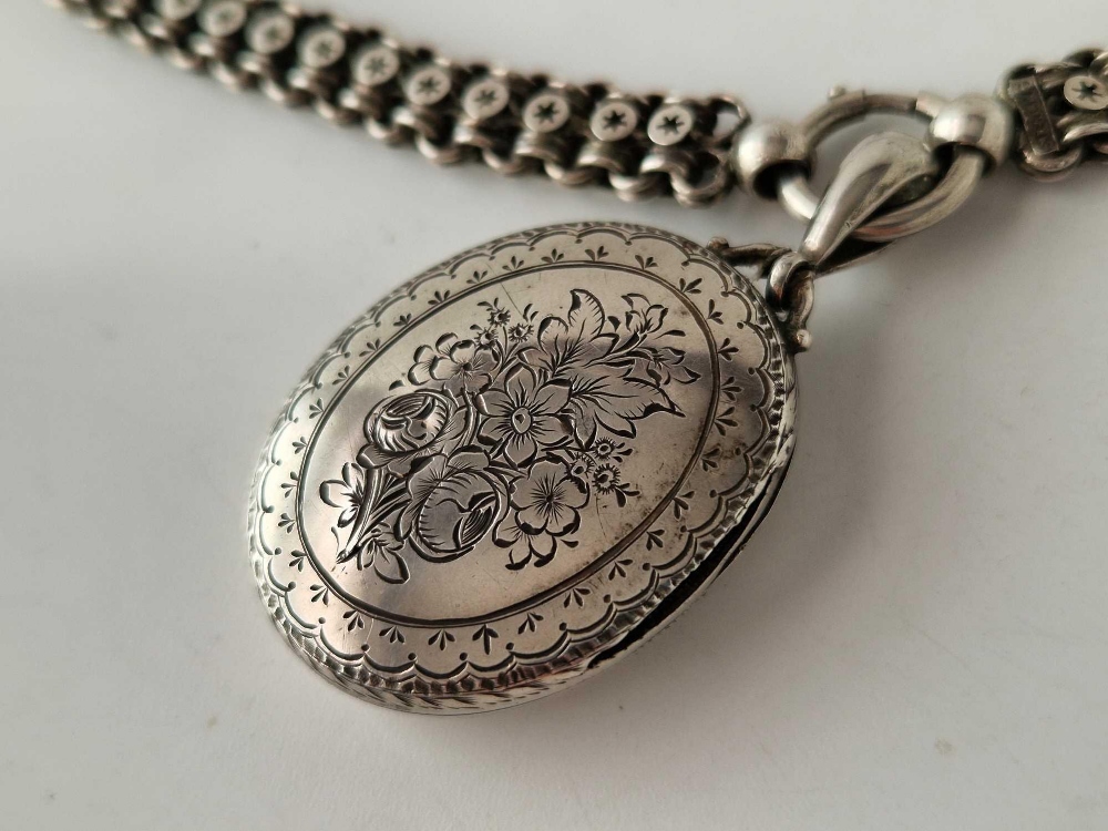 A Victorian engraved silver locket and chain Birmingham 1895 40 gms - Image 2 of 6