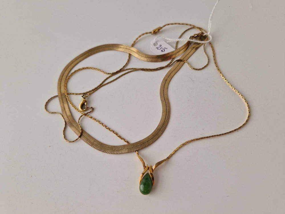 A 14ct plated flat link necklace 15 inch and gold plated green stone pendant necklace
