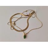 A 14ct plated flat link necklace 15 inch and gold plated green stone pendant necklace