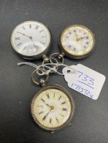 Three ladies silver fob watches with enamelled dials
