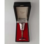 A wine goblet in fitted box, gilt stem, 5.5 inches high, Sheffield 1977 by PINDER Bros, 150 g