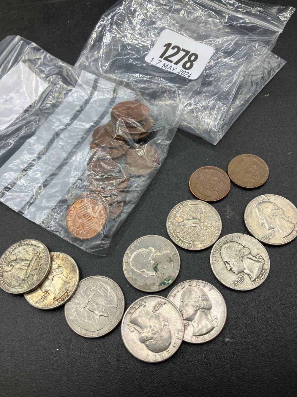 USA quarter dollars, one lot of silver coinage and one bag of one cent coins