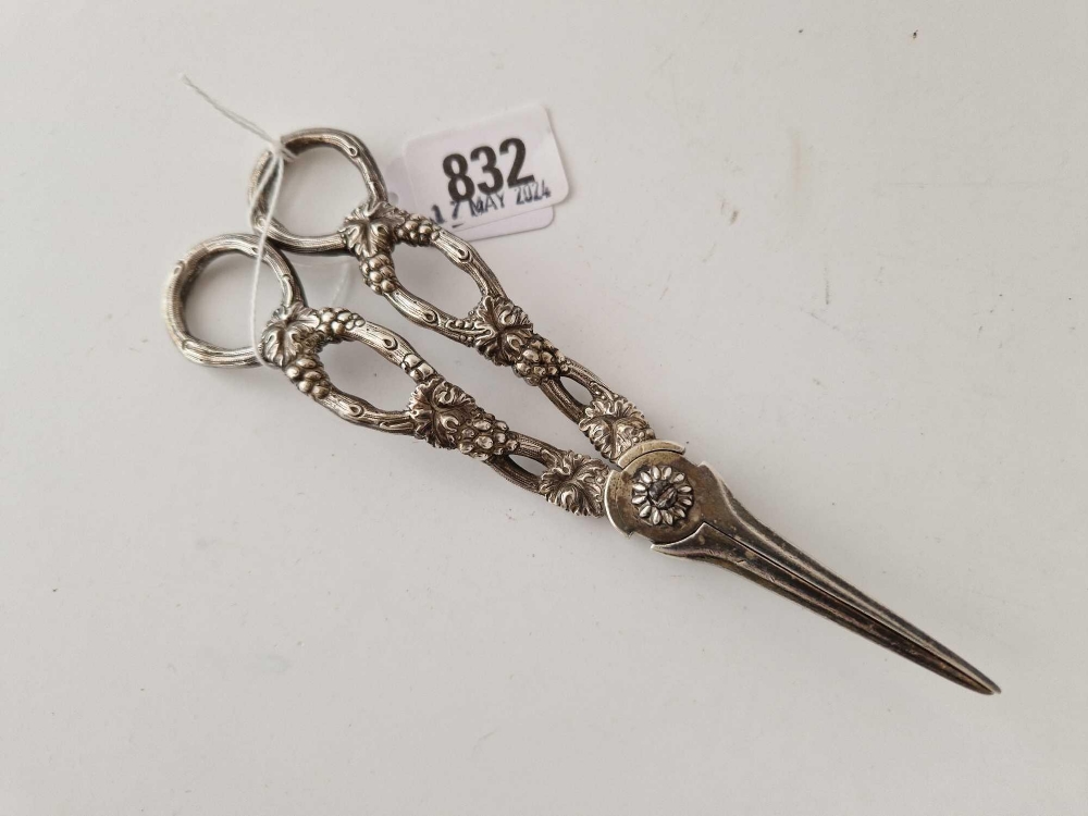 Pair of Victorian grape scissors decorated with vine motives with makers mark C R W S only