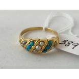 A pretty seed pearl and turquoise ring 18ct gold size S 3.7 gms