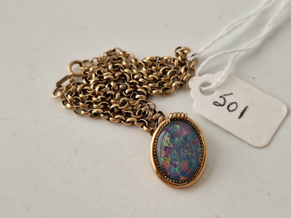 A black opal pendant 18mm X 14mm 9ct on 9ct chain 16 inch 7 gms