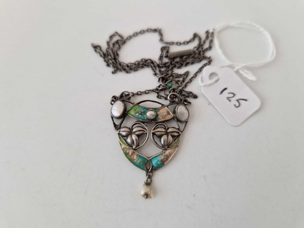A Edwardian silver enamel and MOP art nouveau pendant necklace