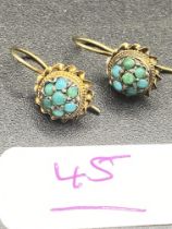 A Pair of early Victorian Turquoise Earrings with wavy twist frame 15ct gold